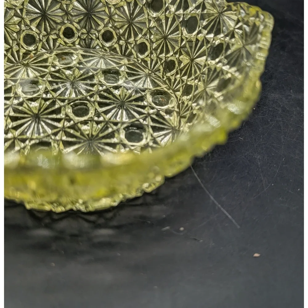 Vintage Vaseline Uranium Glass Bowl Daisy and Button Scalloped EAPG UV Reactive